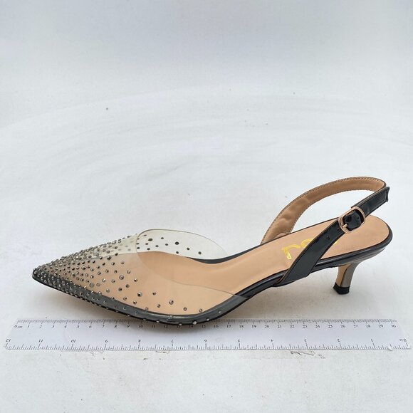 FSJ Black Crystal Clear Rhinestones Low Heel Sandals Slingback Wedding Shoes - Picture 2 of 8